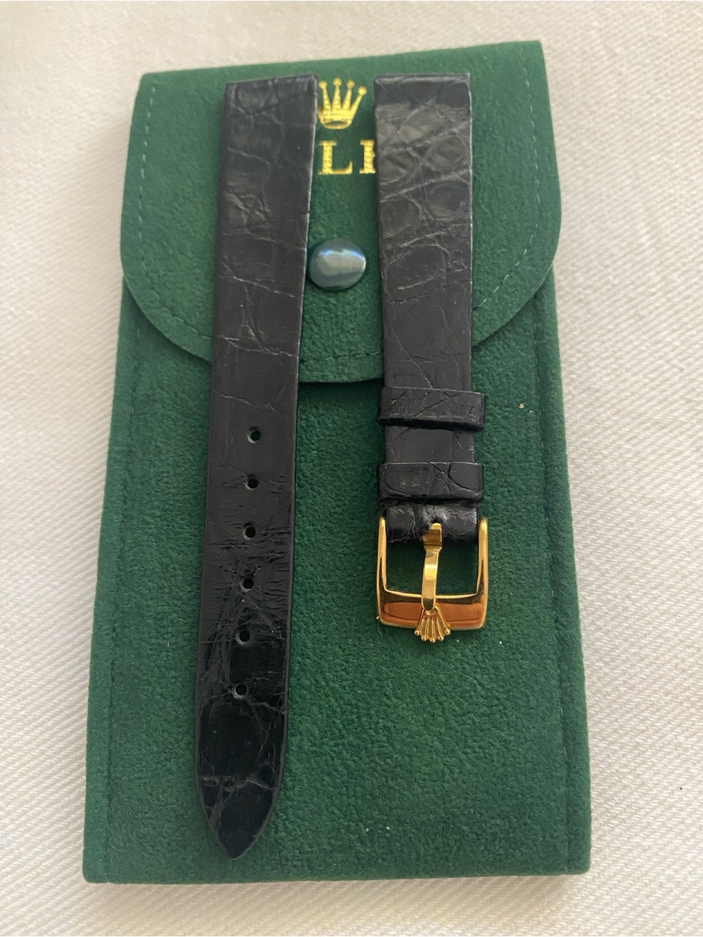 Vintage Rolex Black Crocodile Leather Watch Strap with Gold Buckle 16mm